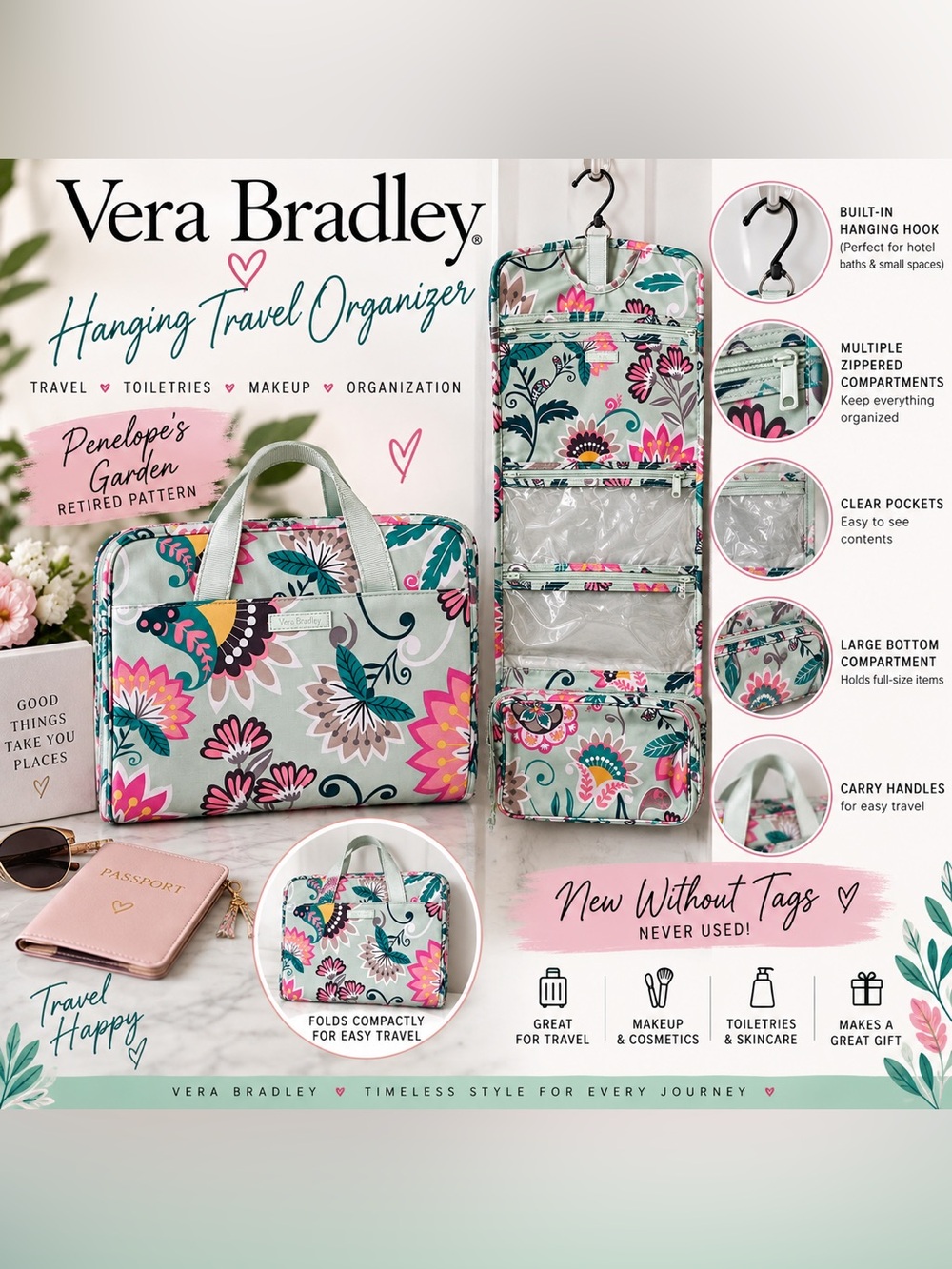 Vera Bradley Penelope’s Garden Hanging Travel Organizer NWOT